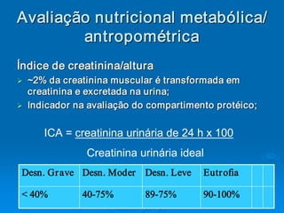 Avaliação nutricional metabólica/ 
        antropométrica 
Índice de creatinina/altura 
Ø 
Ø  ~2% da creatinina muscular é transformada em 
   creatinina e excretada na urina; 
Ø  Indicador na avaliação do compartimento protéico; 
Ø


      ICA = creatinina urinária de 24 h x 100 
               Creatinina urinária ideal 
 Desn. Gr ave Desn. Moder   Desn. Leve    Eutr ofia 

 < 40%        40­75%        89­75%        90­100%  
 