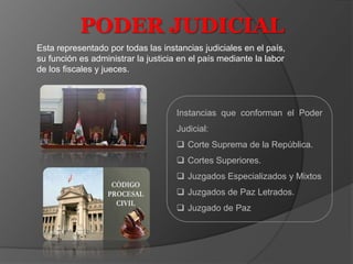 PODER JUDICIAL
Esta representado por todas las instancias judiciales en el país,
su función es administrar la justicia en el país mediante la labor
de los fiscales y jueces.

Instancias que conforman el Poder
Judicial:
 Corte Suprema de la República.

 Cortes Superiores.
 Juzgados Especializados y Mixtos
 Juzgados de Paz Letrados.
 Juzgado de Paz

 