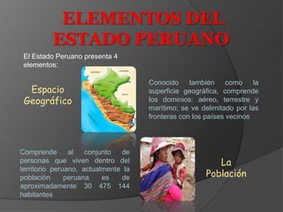 ELEMENTOS DEL
ESTADO PERUANO
El Estado Peruano presenta 4
elementos:

Espacio
Geográfico

Comprende
al
conjunto
de
personas que viven dentro del
territorio peruano, actualmente la
población
peruana
es
de
aproximadamente 30 475 144
habitantes

Conocido
también
como
la
superficie geográfica, comprende
los dominios: aéreo, terrestre y
marítimo; se ve delimitado por las
fronteras con los países vecinos

La
Población

 