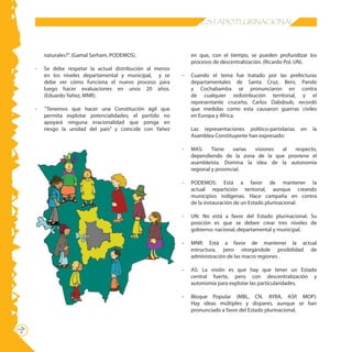 ESTADO PLURINACIONAL




         naturales?”. (Gamal Serham, PODEMOS).                  en que, con el tiempo, se pueden profundizar los
                                                                procesos de descentralización. (Ricardo Pol, UN).
     -   Se debe respetar la actual distribución al menos
         en los niveles departamental y municipal, y se     -   Cuando el tema fue tratado por las prefecturas
         debe ver cómo funciona el nuevo proceso para           departamentales de Santa Cruz, Beni, Pando
         luego hacer evaluaciones en unos 20 años.              y Cochabamba se pronunciaron en contra
         (Eduardo Yañez, MNR).                                  de cualquier redistribución territorial, y el
                                                                representante cruceño, Carlos Dabdoub, recordó
     -   “Tenemos que hacer una Constitución ágil que           que medidas como esta causaron guerras civiles
         permita explotar potencialidades; el partido no        en Europa y Africa.
         apoyará ninguna irracionalidad que ponga en
         riesgo la unidad del país” y coincide con Yañez        Las representaciones político-partidarias   en   la
                                                                Asamblea Constituyente han expresado:

                                                            -   MAS:     Tiene    varias visiones al respecto,
                                                                dependiendo de la zona de la que proviene el
                                                                asambleísta. Domina la idea de la autonomía
                                                                regional y provincial.

                                                            -   PODEMOS: Está a favor de mantener la
                                                                actual repartición teritorial, aunque creando
                                                                municipios indígenas. Hace campaña en contra
                                                                de la instauración de un Estado plurinacional.

                                                            -   UN: No está a favor del Estado plurinacional. Su
                                                                posición es que se deben crear tres niveles de
                                                                gobierno: nacional, departamental y municipal.

                                                            -   MNR: Está a favor de mantener la actual
                                                                estructura, pero otorgándole posibilidad de
                                                                administración de las macro regiones .

                                                            -   AS: La visión es que hay que tener un Estado
                                                                central fuerte, pero con descentralización y
                                                                autonomía para explotar las particularidades.

                                                            -   Bloque Popular (MBL, CN. AYRA, ASP, MOP):
                                                                Hay ideas múltiples y dispares, aunque se han
                                                                pronunciado a favor del Estado plurinacional.
24
 