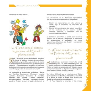 19
ESTADO PLURINACIONAL
Guasu (Casa de todos) guaraní.
12. ¿Cómo sería el sistema
de gobierno del Estado
plurinacional?
S
egún la posición de las organizaciones indígenas,
“El sistema de gobierno boliviano es democrático:
participativo, representativo y comunitario. En cuanto
al sistema de participación, las naciones, pueblos indígenas
originarios y campesinos ejercen representación directa en
los distintos niveles de gobierno, elegidos en base a sus usos,
costumbres y al principio de democracia comunitaria”.
Los mecanismos de la democracia participativa y directa
son: Asamblea Constituyente; Referéndum; Iniciativa
Legislativa Ciudadana; Revocatoria de mandato;
Plebiscito; Veto popular; Cabildos comunales-
indígenas-populares; Asambleas comunales-indígenas-
populares. Resaltan los que se ligarán directamente a
los mecanismos de democracia representativa.
Los mecanismos de la democracia representativa
que se postulan desde la perspectiva indígena son:
-	 Elección de representantes por voto universal y
directo, bajo el mecanismo de revocatoria del
mandato.
-	 Elección de representantes por usos y costumbres
en los territorios de las naciones, pueblos
indígenas originarios y campesinos para los
distintos niveles de gobierno.
La democracia comunitaria se asienta en mecanísmos
propios para la elección, designación o nominación
de representantes y autoridades. Así como
mecanismos deliberativos de decisión y consecusión
de concensos colectivos.
13. ¿Cómo se estructurarán
los Poderes del Estado
plurinacional?
“
El Estado boliviano se estructura en tres niveles: central,
intermedio y local. Los niveles intermedio y local son
niveles autónomos con igual jerarquía en la Constitución
Política del Estado”. Aún está pendiente la discusión sobre si
el nivel Intermedio serán los departamentos de la república,
parte de ellos, o regiones ecológico-culturales.
Los Poderes del Estado que se estructuran en el Estado
plurinacional son el Ejecutivo, el Legislativo, el Judicial,
y se añade un cuarto, el Poder Social Plurinacional.
Aquí se hacen las siguientes puntualizaciones:
* 	 El Poder Ejecutivo se organiza en tres niveles:
 