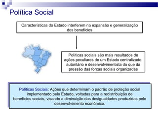 Política Social
Características do Estado interferem na expansão e generalização
dos benefícios
Políticas sociais são mais resultados de
ações peculiares de um Estado centralizado,
autoritário e desenvolvimentista do que da
pressão das forças sociais organizadas
Políticas Sociais: Ações que determinam o padrão de proteção social
implementado pelo Estado, voltadas para a redistribuição de
benefícios sociais, visando a diminuição das desigualdades produzidas pelo
desenvolvimento econômico.
Políticas Sociais: Ações que determinam o padrão de proteção social
implementado pelo Estado, voltadas para a redistribuição de
benefícios sociais, visando a diminuição das desigualdades produzidas pelo
desenvolvimento econômico.
 