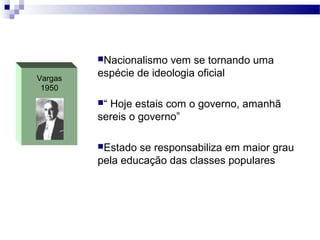 Vargas
1950
Nacionalismo vem se tornando uma
espécie de ideologia oficial
“ Hoje estais com o governo, amanhã
sereis o governo”
Estado se responsabiliza em maior grau
pela educação das classes populares
 