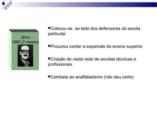 Jânio
1960 (7 meses)
Colocou-se ao lado dos defensores da escola
particular
Procurou conter a expansão do ensino superior
Criação de vasta rede de escolas técnicas e
profissionais
Combate ao analfabetismo (não deu certo)
 