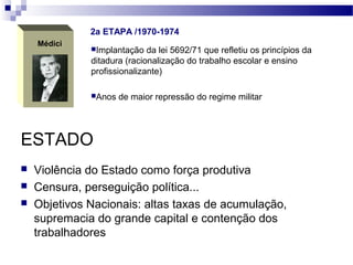 Médici
Implantação da lei 5692/71 que refletiu os princípios da
ditadura (racionalização do trabalho escolar e ensino
profissionalizante)
Anos de maior repressão do regime militar
2a ETAPA /1970-1974
ESTADO
 Violência do Estado como força produtiva
 Censura, perseguição política...
 Objetivos Nacionais: altas taxas de acumulação,
supremacia do grande capital e contenção dos
trabalhadores
 