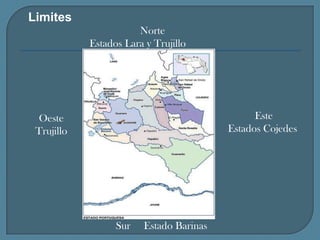 Limites                                          Norte                        Estados Lara y Trujillo Este Estados Cojedes Oeste  Trujillo Sur     Estado Barinas