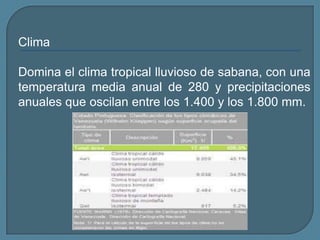 ClimaDomina el clima tropical lluvioso de sabana, con una temperatura media anual de 280 y precipitaciones anuales que oscilan entre los 1.400 y los 1.800 mm. 