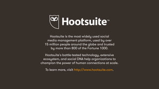 20
Hootsuite is the most widely used social
media management platform, used by over
15 million people around the globe and trusted
by more than 800 of the Fortune 1000.
Hootsuite's battle-tested technology, extensive
ecosystem, and social DNA help organizations to
champion the power of human connections at scale.
To learn more, visit http://www.hootsuite.com.
 