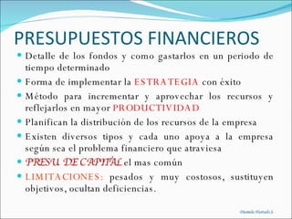 PRESUPUESTOS FINANCIEROS Detalle de los fondos y como gastarlos en un periodo de tiempo determinado Forma de implementar la  ESTRATEGIA  con éxito Método para incrementar y aprovechar los recursos y reflejarlos en mayor  PRODUCTIVIDAD Planifican la distribución de los recursos de la empresa Existen diversos tipos y cada uno apoya a la empresa según sea el problema financiero que atraviesa PRESU. DE CAPITAL  el mas común LIMITACIONES:  pesados y muy costosos, sustituyen objetivos, ocultan deficiencias.  Diamela Hurtado S. 