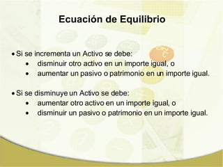 Si se incrementa un Activo se debe: disminuir otro activo en un importe igual, o aumentar un pasivo o patrimonio en un importe igual. Si se disminuye un Activo se debe: aumentar otro activo en un importe igual, o disminuir un pasivo o patrimonio en un importe igual. Ecuación de Equilibrio 