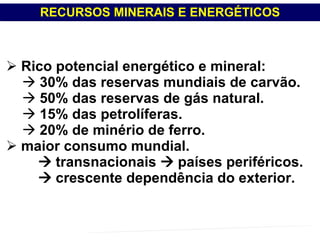 Rico potencial energético e mineral: 30% das reservas mundiais de carvão. 50% das reservas de gás natural. 15% das petrolíferas. 20% de minério de ferro. maior consumo mundial.    transnacionais    países periféricos.    crescente dependência do exterior. RECURSOS MINERAIS E ENERGÉTICOS PROFESSOR MARCELUS FONSECA - marcelusfonseca@gmail.com 