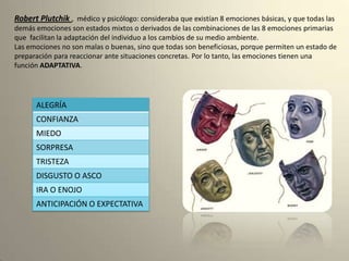 Robert Plutchik , médico y psicólogo: consideraba que existían 8 emociones básicas, y que todas las
demás emociones son estados mixtos o derivados de las combinaciones de las 8 emociones primarias
que facilitan la adaptación del individuo a los cambios de su medio ambiente.
Las emociones no son malas o buenas, sino que todas son beneficiosas, porque permiten un estado de
preparación para reaccionar ante situaciones concretas. Por lo tanto, las emociones tienen una
función ADAPTATIVA.
ALEGRÍA
CONFIANZA
MIEDO
SORPRESA
TRISTEZA
DISGUSTO O ASCO
IRA O ENOJO
ANTICIPACIÓN O EXPECTATIVA
 