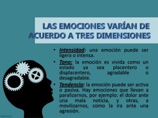 • Intensidad: una emoción puede ser
ligera o intensa.
• Tono: la emoción es vivida como un
estado ya sea placentero o
displacentero, agradable o
desagradable.
• Tendencia: la emoción puede ser activa
o pasiva. Hay emociones que llevan a
paralizarnos, por ejemplo: el dolor ante
una mala noticia, y otras, a
movilizarnos, como la ira ante una
agresión.
 