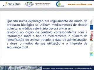 Quando numa exploração em regulamento do modo de
produção biológico se utilizam medicamentos de síntese
química, o médico veterinário deverá enviar um
relatório ao órgão de controlo correspondente com a
informação sobre o tipo de medicamento, o número de
identificação do animal tratado, a data de administração,
a dose, o motivo da sua utilização e o intervalo de
segurança total.
 
