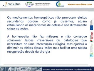 Os medicamentos homeopáticos não provocam efeitos
secundários porque, como já dissemos, atuam
estimulando os mecanismos de defesa e não diretamente
sobre as lesões.
A homeopatia não faz milagres e não consegue
solucionar lesões irreversíveis ou patologias que
necessitam de uma intervenção cirúrgica, mas ajudará a
diminuir os efeitos dessas lesões ou a facilitar uma rápida
recuperação depois da cirurgia
 