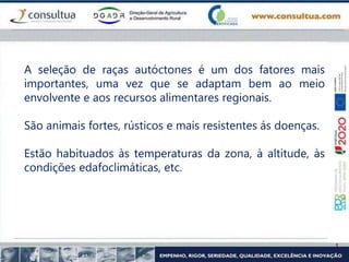 A seleção de raças autóctones é um dos fatores mais
importantes, uma vez que se adaptam bem ao meio
envolvente e aos recursos alimentares regionais.
São animais fortes, rústicos e mais resistentes ás doenças.
Estão habituados às temperaturas da zona, à altitude, às
condições edafoclimáticas, etc.
 