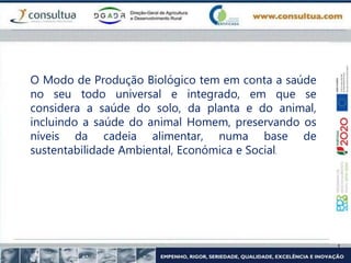 O Modo de Produção Biológico tem em conta a saúde
no seu todo universal e integrado, em que se
considera a saúde do solo, da planta e do animal,
incluindo a saúde do animal Homem, preservando os
níveis da cadeia alimentar, numa base de
sustentabilidade Ambiental, Económica e Social.
 