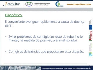 Diagnóstico:
É conveniente averiguar rapidamente a causa da doença
para:
- Evitar problemas de contágio ao resto do rebanho (e
manter, na medida do possível, o animal isolado);
- Corrigir as deficiências que provocaram essa situação.
 