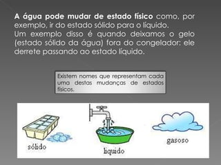 A água pode mudar de estado físico  como, por exemplo, ir do estado sólido para o líquido.  Um exemplo disso é quando deixamos o gelo (estado sólido da água) fora do congelador: ele derrete passando ao estado líquido.  Existem nomes que representam cada uma destas mudanças de estados físicos. 