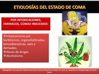ETIOLOGÍAS DEL ESTADO DE COMA

    POR INTOXICACIONES,
FARMACOS, COMAS INDUCIDOS:


Intoxicaciones por
barbitúricos, organofosforados,
benzodiacepinas, opio y
derivados.
Abuso de drogas.
Alcoholismo.



Bibliografía: (Concejo de Publicaciones de la Universidad de los Andes, Dr. José A. Caraballo S.) Fisiopatología de Carol
                                                         Porth
 