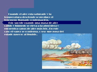       Cuando el aire esta saturado y la temperatura desciende se produce el fenómeno llamado condensación.         Esto sucede cuando una masa de aire cálido y húmedo se eleva a la atmósfera y encuentra capas de aire más frío. En este caso el vapor se condensa. o sea  que pasa del estado gaseoso al líquido. 