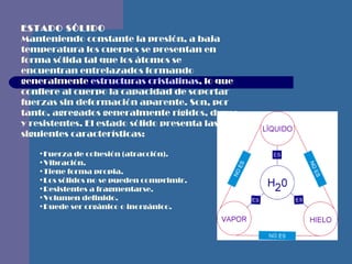 ESTADO SÓLIDO Manteniendo constante la presión, a baja temperatura los cuerpos se presentan en forma sólida tal que los átomos se encuentran entrelazados formando generalmente  estructuras cristalinas , lo que confiere al cuerpo la capacidad de soportar fuerzas sin deformación aparente. Son, por tanto, agregados generalmente rígidos, duros y resistentes. El estado sólido presenta las siguientes características: Fuerza de cohesión (atracción).  Vibración.  Tiene forma propia.  Los sólidos no se pueden comprimir.  Resistentes a fragmentarse.  Volumen definido.  Puede ser orgánico o inorgánico.  