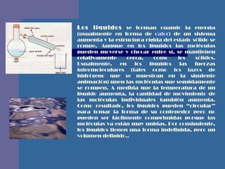 Los líquidos   se forman cuando la energía (usualmente en forma de  calor ) de un sistema aumenta y la estructura rígida del estado sólido se rompe. Aunque en los líquidos las moléculas pueden moverse y chocar entre sí, se mantienen relativamente cerca, como los sólidos. Usualmente, en los líquidos las fuerzas intermoleculares (tales como los lazos de hidrógeno que se muestran en la siguiente animación) unen las moléculas que seguidamente se rompen. A medida que la temperatura de un líquido aumenta, la cantidad de movimiento de las moléculas individuales también aumenta. Como resultado, los líquidos pueden “circular” para tomar la forma de su contenedor pero no pueden ser fácilmente comprimidas porque las moléculas ya están muy unidas. Por consiguiente, los líquidos tienen una forma indefinida, pero un volumen definido..   