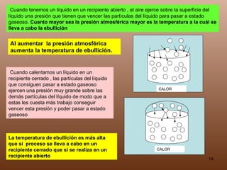 Cuando tenemos un líquido en un recipiente abierto , el aire ejerce sobre la superficie del líquido una presión que tienen que vencer las partículas del líquido para pasar a estado gaseoso.  Cuanto mayor sea la presión atmosférica mayor es la temperatura a la cuál se lleva a cabo la ebullición   Al aumentar  la presión atmosférica  aumenta la temperatura de ebullición. Cuando calentamos un líquido en un recipiente cerrado , las partículas del líquido que consiguen pasar a estado gaseoso ejercen una presión muy grande sobre las demás partículas del líquido de modo que a estas les cuesta más trabajo conseguir vencer esta presión y poder pasar a estado gaseoso  La temperatura de ebullición es más alta que si  proceso se lleva a cabo en un recipiente cerrado que si se realiza en un recipiente abierto   CALOR CALOR 