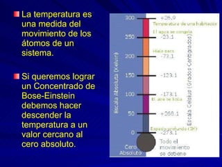 La temperatura es una medida del movimiento de los átomos de un sistema. Si queremos lograr un Concentrado de Bose-Einstein debemos hacer descender la temperatura a un valor cercano al cero absoluto. 