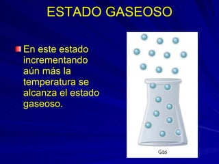 ESTADO GASEOSO En este estado incrementando aún más la temperatura se alcanza el estado gaseoso.   