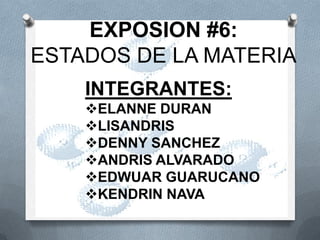 EXPOSION #6:
ESTADOS DE LA MATERIA
INTEGRANTES:
ELANNE DURAN
LISANDRIS
DENNY SANCHEZ
ANDRIS ALVARADO
EDWUAR GUARUCANO
KENDRIN NAVA
 