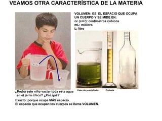 VEAMOS OTRA CARACTERÍSTICA DE LA MATERIA
                                          VOLUMEN: ES EL ESPACIO QUE OCUPA
                                          UN CUERPO Y SE MIDE EN:
                                          cc (cm3): centímetros cúbicos
                                          mL: mililitro
                                          L: litro




                                           Vaso de precipitado   Probeta
 ¿Podrá este niño vaciar toda esta agua
  en el jarro chico? ¿Por qué?
 Exacto: porque ocupa MÁS espacio.
 El espacio que ocupan los cuerpos se llama VOLUMEN.
 