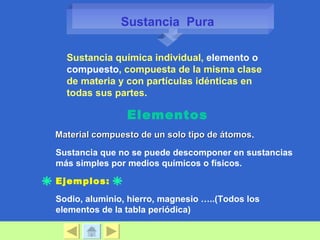Sustancia Pura

  Sustancia química individual, elemento o
  compuesto, compuesta de la misma clase
  de materia y con partículas idénticas en
  todas sus partes.

                Elementos
Material compuesto de un solo tipo de átomos.
                                      átomos
Sustancia que no se puede descomponer en sustancias
más simples por medios químicos o físicos.

Ejemplos:

Sodio, aluminio, hierro, magnesio …..(Todos los
elementos de la tabla periódica)
 