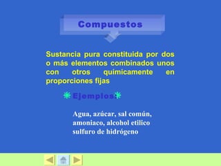 Compuestos


Sustancia pura constituida por dos
o más elementos combinados unos
con    otros    químicamente    en
proporciones fijas

       Ejemplos:

       Agua, azúcar, sal común,
       amoniaco, alcohol etilico
       sulfuro de hidrógeno
 