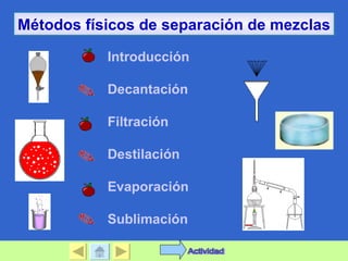 Métodos físicos de separación de mezclas

           Introducción

           Decantación

           Filtración

           Destilación

           Evaporación

           Sublimación
 