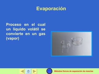Evaporación


Proceso en el cual
un líquido volátil se
convierte en un gas
(vapor)




                        Métodos físicos de separación de mezclas
 
