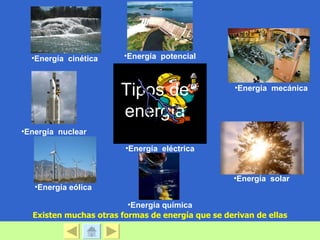 •Energía cinética     •Energía potencial



                       Tipos de                    •Energía mecánica


                       energía
•Energía nuclear

                        •Energía eléctrica


                                                  •Energía solar
   •Energía eólica

                         •Energía química
  Existen muchas otras formas de energía que se derivan de ellas
 