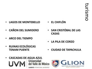 turismo
• LAGOS DE MONTEBELLO     • EL CHIFLÓN

• CAÑON DEL SUMIDERO      • SAN CRISTÓBAL DE LAS
                            CASAS
• ARCO DEL TIEMPO
                          • LA PILA DE CORZO
• RUINAS ECOLÓGICAS
  TENAM PUENTE            • CIUDAD DE TAPACHULA

• CASCADAS DE AGUA AZUL
 