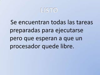 Se encuentran todas las tareas
preparadas para ejecutarse
pero que esperan a que un
procesador quede libre.
 