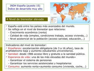 INDH España (puesto 15) 
Índice de desarrollo muy alto 
4 Nivel de bienestar elevado 
 España está entre los países más avanzados del mundo. 
 Se refleja en el nivel de bienestar que relaciona: 
- Crecimiento económico (renta) 
- Calidad de vida (empleo, condiciones trabajo, acceso vivienda,…) 
- Nivel asistencial de la población (acceso sanidad, educación,…) 
Indicadores del nivel de bienestar: 
 Enseñanza: escolarización obligatoria (de 3 a 16 años), tasa de 
analfabetismo baja y aumento estudiantes universitarios. 
 Sanidad: desde 1986 acceso libre y gratuito a la sanidad pública. 
 Esperanza de vida: una de las más elevadas del mundo= 
- Garantizar el sistema de pensiones 
- Garantizar los servicios asistenciales y hospitalarios 
 Consumo: aumento renta=aumento consumo (vivienda, coche,…) 
