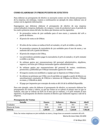 COMO ELABORAR UN PRESUPUESTO DE EFECTIVO

       Para elaborar un presupuesto de efectivo es necesario contar con los demás presupuestos
       de la empresa; sin embargo, veamos a continuación un ejemplo de cómo elaborar uno al
       contar con la siguiente información:

       Supongamos que debemos elaborar el presupuesto de efectivo de una empresa
       comercializadora (empresa dedicada a la compra y venta de productos) para el periodo de
       los cuatro primeros meses del año; los datos que tenemos son los siguientes:
           Se pronostica ventas de 300 unidades para el mes enero, y aumento del 10% a
              partir de febrero.
           El precio de venta es de US$20.


           El cobro de las ventas se realiza el 60% al contado y el 40% al crédito a 30 días.

           Se pronostica compras de mercadería de 310 unidades para el mes de enero, y un
              aumento del 10% a partir de febrero.
           El precio de compra es de US$15.
           Los proveedores permiten pagar la mercadería el 50% al contado y el 50% restante
              a crédito a 30 días.
           Se estiman gastos por remuneraciones del personal administrativo, alquileres,
              seguros y servicios por US$250 mensuales (gastos administrativos).
           Se estiman gastos por remuneraciones del personal de ventas, comisiones,
              promoción y publicidad por US$230 mensuales (gastos de ventas).
           El negocio cuenta con mobiliario y equipo que se deprecia en US$50 al mes.
           Se obtiene un préstamo por US$2 100 el cual debe ser pagado a partir de febrero en
              amortizaciones constantes de US$700 e intereses de US$504 en febrero, US$336
              en mazo, y US$168 en abril.
           El pago por impuestos por concepto de renta es del 2% de la utilidad disponible.

       Para este ejemplo, antes de elaborar el presupuesto de efectivo, es necesario elaborar los
       presupuestos de ventas y cobros, ya que las ventas no se cobran el mismo mes en que se
       realizan, sino que se cobran un 60% en el mes que se realizan, y el 40% restante al mes
       siguiente y el presupuesto de efectivo muestra el efectivo que realmente ingresa o sale de la
       empresa.

        Presupuesto de Ventas
                Detalle                       Enero            Febrero            Marzo             Abril
Unidades                                        300              330                363              399
Precio de Venta                                20.00            20.00              20.00            20.00
TOTAL                                         6,000.00         6,600.00           7,260.00         7,986.00

       Nota: las ventas empiezan en 300 unidades en enero, y luego tiene un aumento constante del 10%.
                                                                         Marina De Jesús Vidal, CD-4294

                                                                                      17 de Mayo 2011         14
 