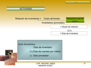 LCPF. MICHAEL AMOS AMADOR GUEST RAZONES   FINANCIERAS ACTIVIDAD Eficiencia en uso de activos Rotación de Inventarios =  Costo deVentas   Inventarios (promedio) = Veces de rotación (/) n = Días de inventario Ciclo Económico Dias de Inventario (+) Días de cuentas por cobrar (-)  Dias proveedor 