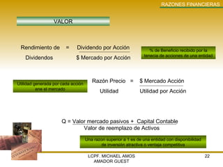 LCPF. MICHAEL AMOS AMADOR GUEST RAZONES   FINANCIERAS VALOR % de Beneficio recibido por la tenecia de acciones de una entidad Utilidad generada por cada acción ene el mercado Una razon superior a 1 es de una entidad con disponibilidad de inversión atractiva o ventaja competitiva Razón Precio  =  $ Mercado Acción Utilidad   Utilidad por Acción Rendimiento de  =  Dividendo por Acción Dividendos   $ Mercado por Acción Q = Valor mercado pasivos +  Capital Contable  Valor de reemplazo de Activos 