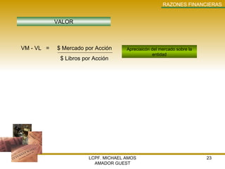 LCPF. MICHAEL AMOS AMADOR GUEST RAZONES   FINANCIERAS VALOR Apreciaicón del mercado sobre la entidad VM - VL  =  $ Mercado por Acción $ Libros por Acción 