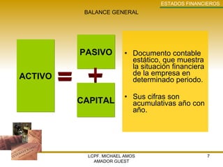 Documento contable estático, que muestra la situación financiera de la empresa en determinado periodo. Sus cifras son acumulativas año con año. LCPF. MICHAEL AMOS AMADOR GUEST ESTADOS   FINANCIEROS BALANCE GENERAL ACTIVO PASIVO CAPITAL 