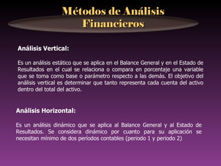 Métodos de Análisis
                     Financieros

Análisis Vertical:

Es un análisis estático que se aplica en el Balance General y en el Estado de
Resultados en el cual se relaciona o compara en porcentaje una variable
que se toma como base o parámetro respecto a las demás. El objetivo del
análisis vertical es determinar que tanto representa cada cuenta del activo
dentro del total del activo.


Análisis Horizontal:

Es un análisis dinámico que se aplica al Balance General y al Estado de
Resultados. Se considera dinámico por cuanto para su aplicación se
necesitan mínimo de dos períodos contables (periodo 1 y periodo 2)
 