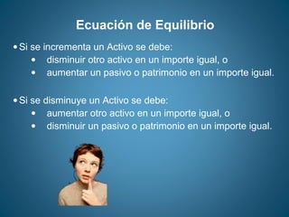 Ecuación de Equilibrio 
·Si se incrementa un Activo se debe: 
· disminuir otro activo en un importe igual, o 
· aumentar un pasivo o patrimonio en un importe igual. 
·Si se disminuye un Activo se debe: 
· aumentar otro activo en un importe igual, o 
· disminuir un pasivo o patrimonio en un importe igual. 
 