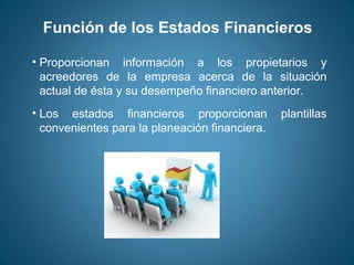 Función de los Estados Financieros 
• Proporcionan información a los propietarios y 
acreedores de la empresa acerca de la situación 
actual de ésta y su desempeño financiero anterior. 
• Los estados financieros proporcionan plantillas 
convenientes para la planeación financiera. 
 