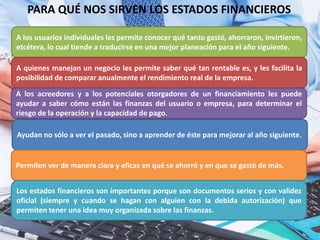 PARA QUÉ NOS SIRVEN LOS ESTADOS FINANCIEROS
A los usuarios individuales les permite conocer qué tanto gastó, ahorraron, invirtieron,
etcétera, lo cual tiende a traducirse en una mejor planeación para el año siguiente.
A quienes manejan un negocio les permite saber qué tan rentable es, y les facilita la
posibilidad de comparar anualmente el rendimiento real de la empresa.
A los acreedores y a los potenciales otorgadores de un financiamiento les puede
ayudar a saber cómo están las finanzas del usuario o empresa, para determinar el
riesgo de la operación y la capacidad de pago.
Ayudan no sólo a ver el pasado, sino a aprender de éste para mejorar al año siguiente.
Permiten ver de manera clara y eficaz en qué se ahorró y en que se gastó de más.
Los estados financieros son importantes porque son documentos serios y con validez
oficial (siempre y cuando se hagan con alguien con la debida autorización) que
permiten tener una idea muy organizada sobre las finanzas.
 