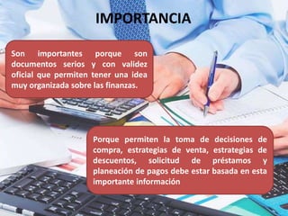 Son importantes porque son
documentos serios y con validez
oficial que permiten tener una idea
muy organizada sobre las finanzas.
Porque permiten la toma de decisiones de
compra, estrategias de venta, estrategias de
descuentos, solicitud de préstamos y
planeación de pagos debe estar basada en esta
importante información
IMPORTANCIA
 
